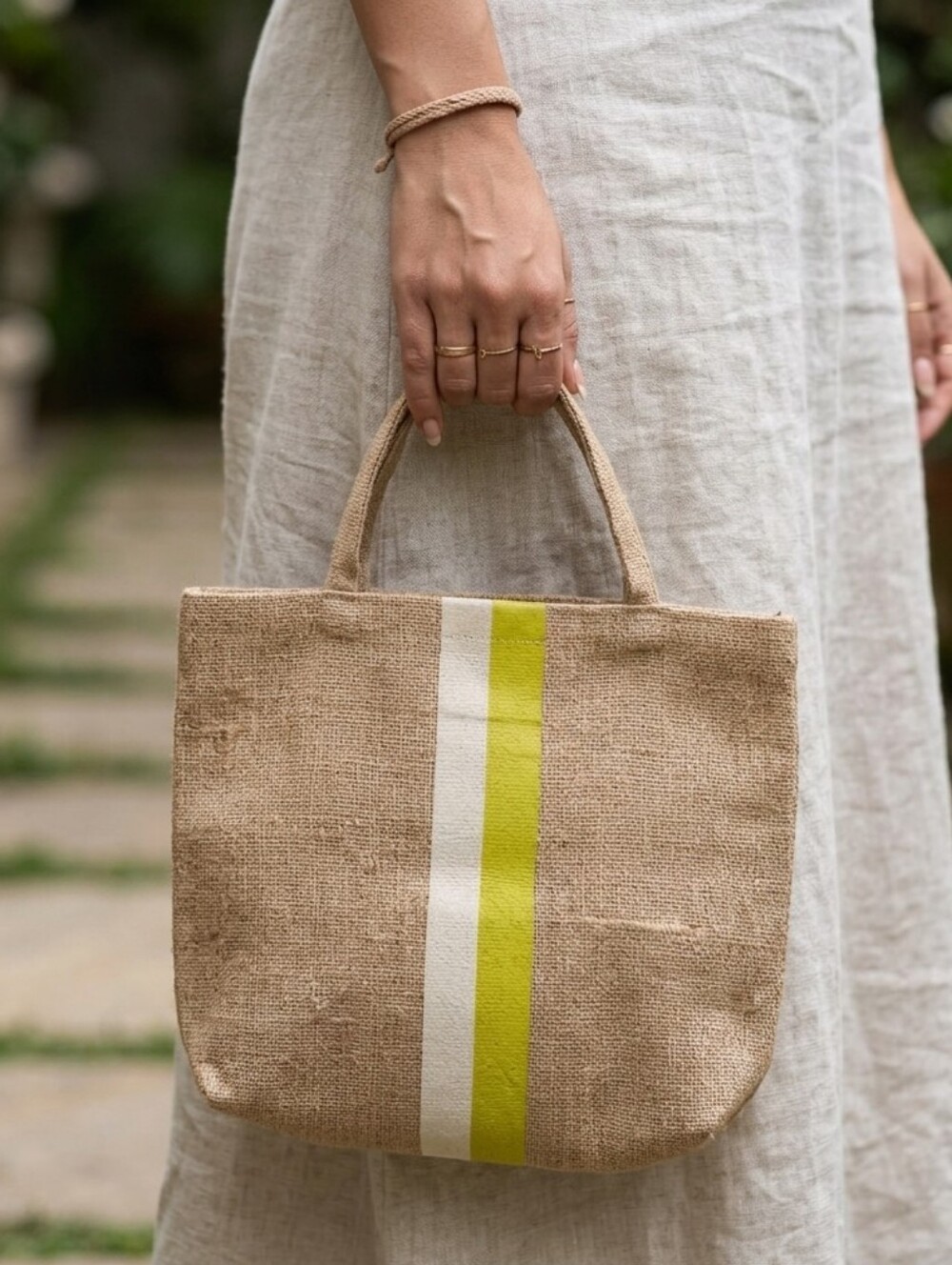 NWOT Totem Tote Bag Burlap With Yellow & White Stripe
